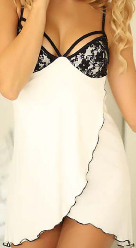 Borneo viscose chemise and lace thong set front view with contrasting frill