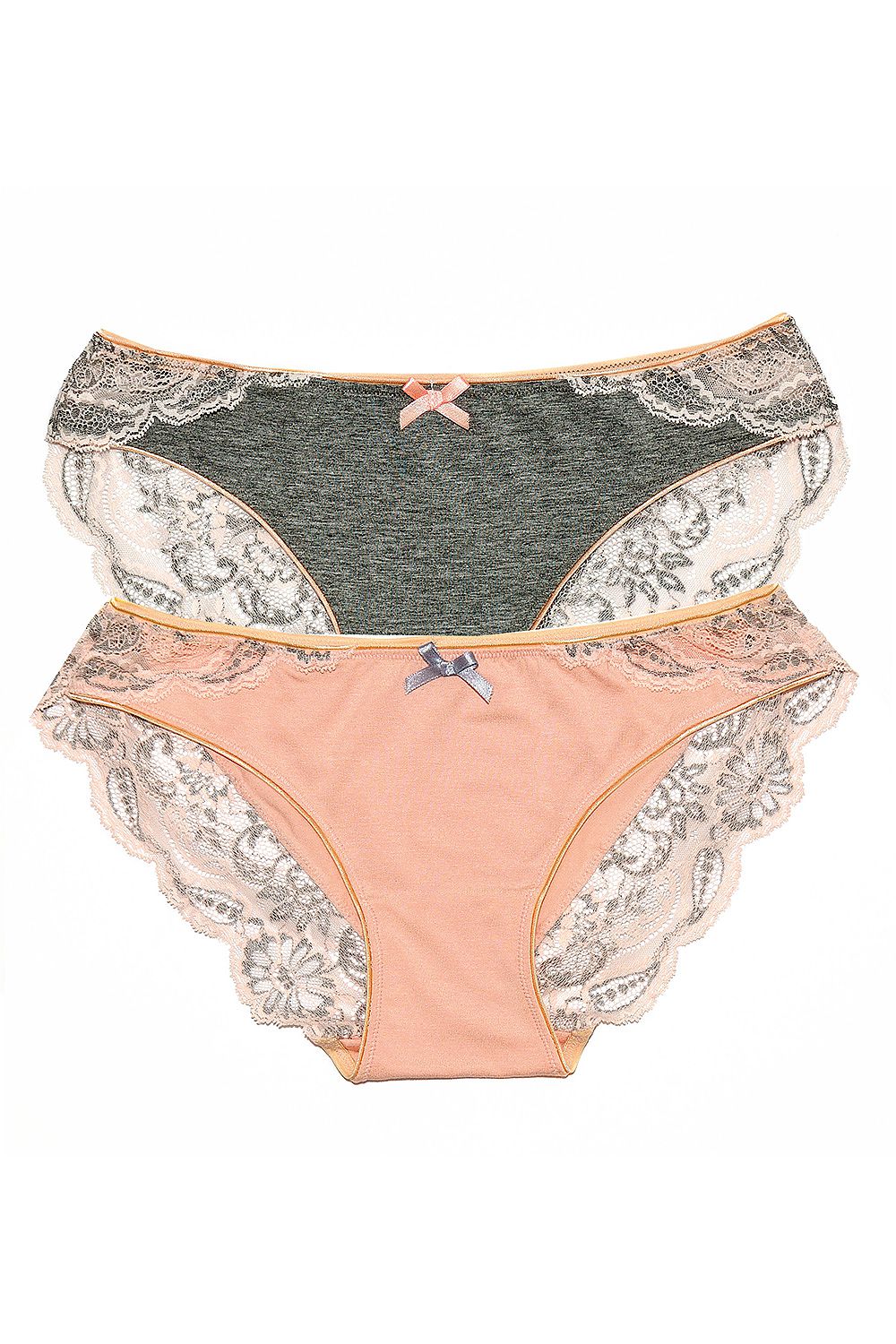 Plus size Brazilian panties set L–6XL by Enfin in peach and grey with lace accents – front view.