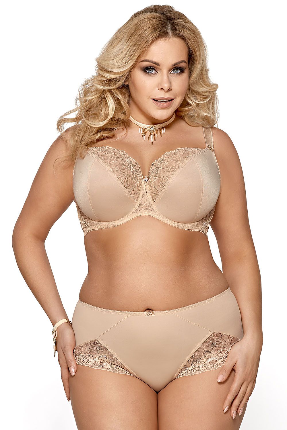 “Side view showing vertical underwires and wide Lycra panels for secure fit”