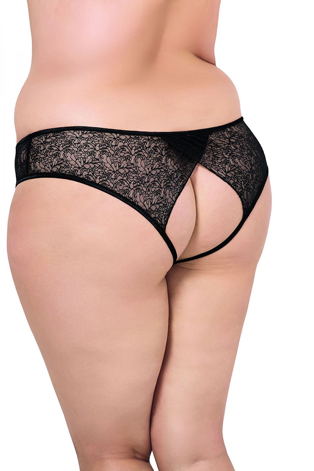“Back view of open-crotch lace panties highlighting sexy deep cut-out”