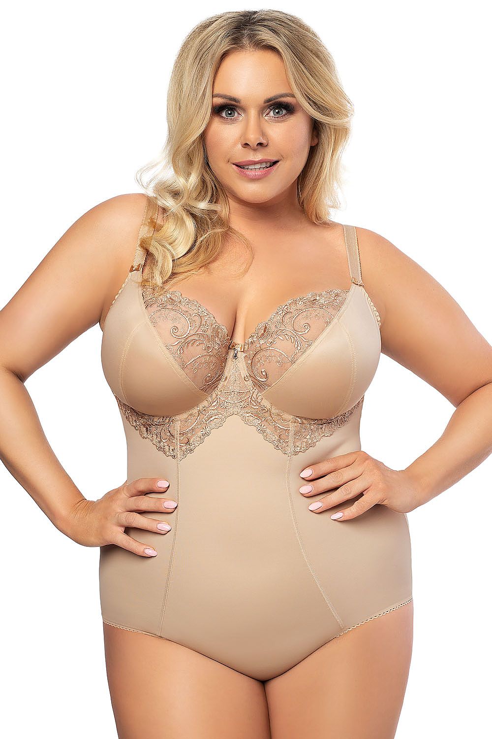 “Elegant embroidered bodysuit for larger breasts with underwire and shaping seams”