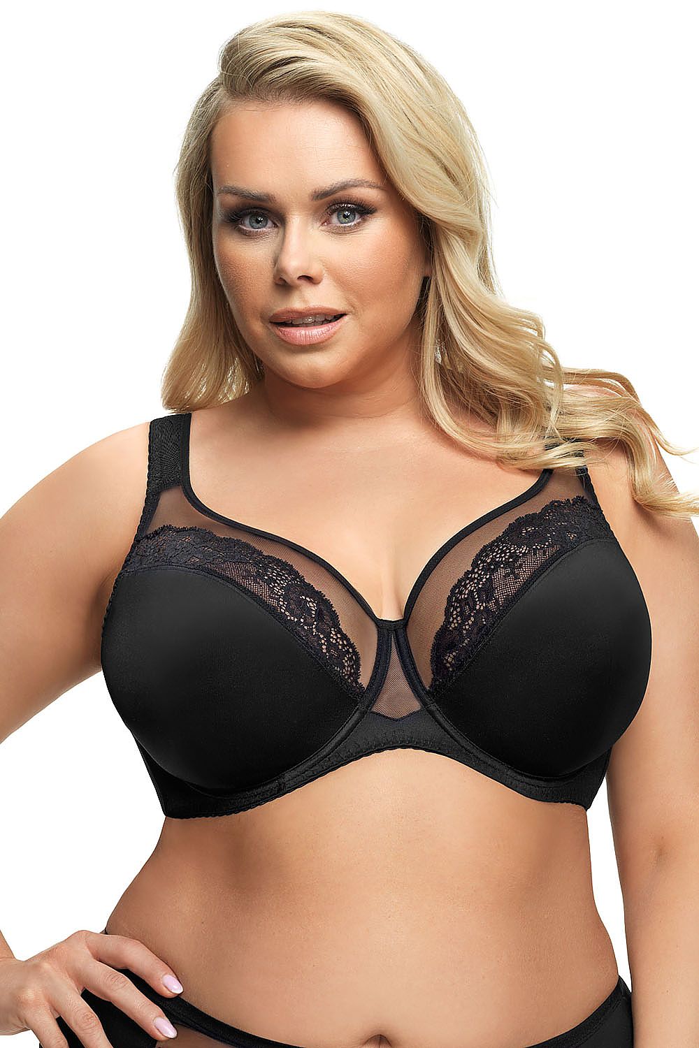 “Black soft underwire bra with delicate lace and tulle neckline”