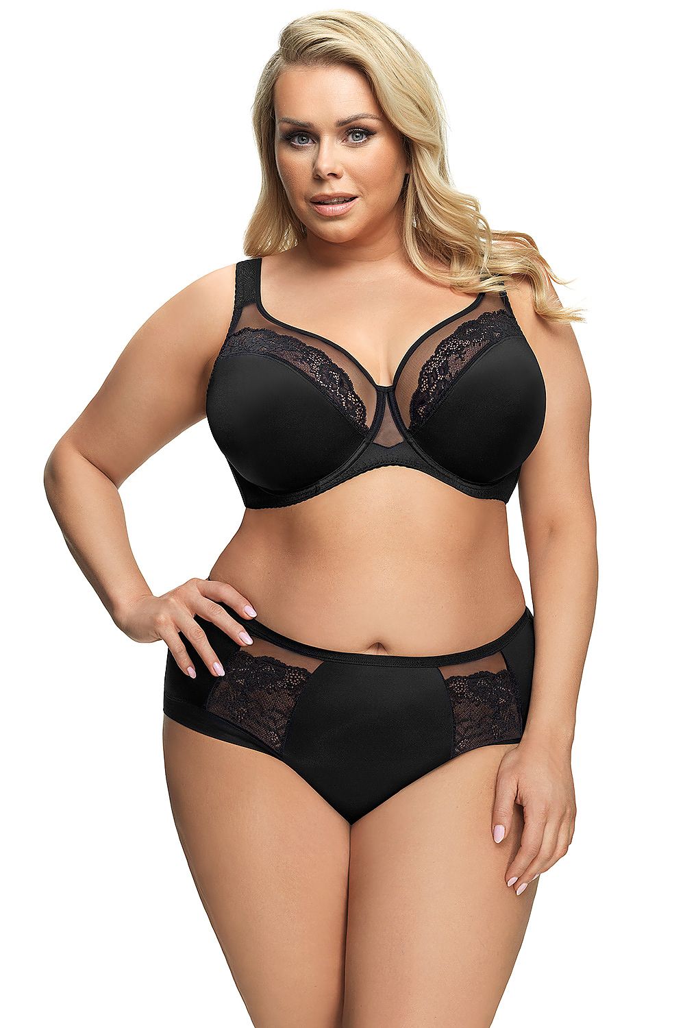 “Front view of elegant black bra with adjustable straps and soft cups”