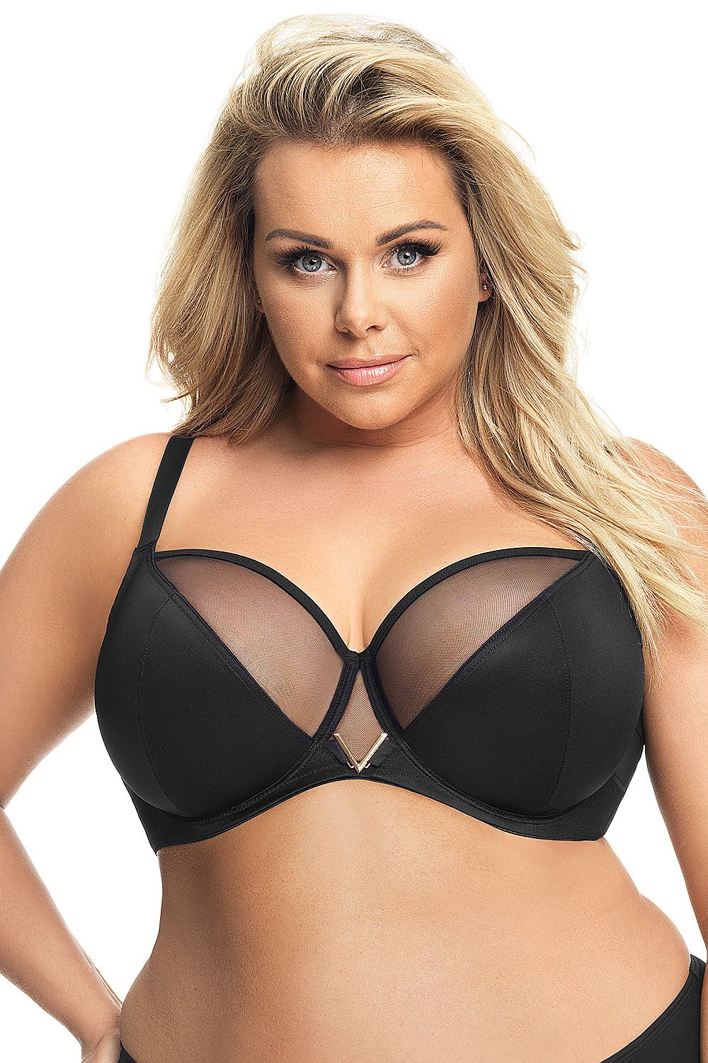 “Front view of elegant Gorsenia bra with transparent tulle and soft cups”