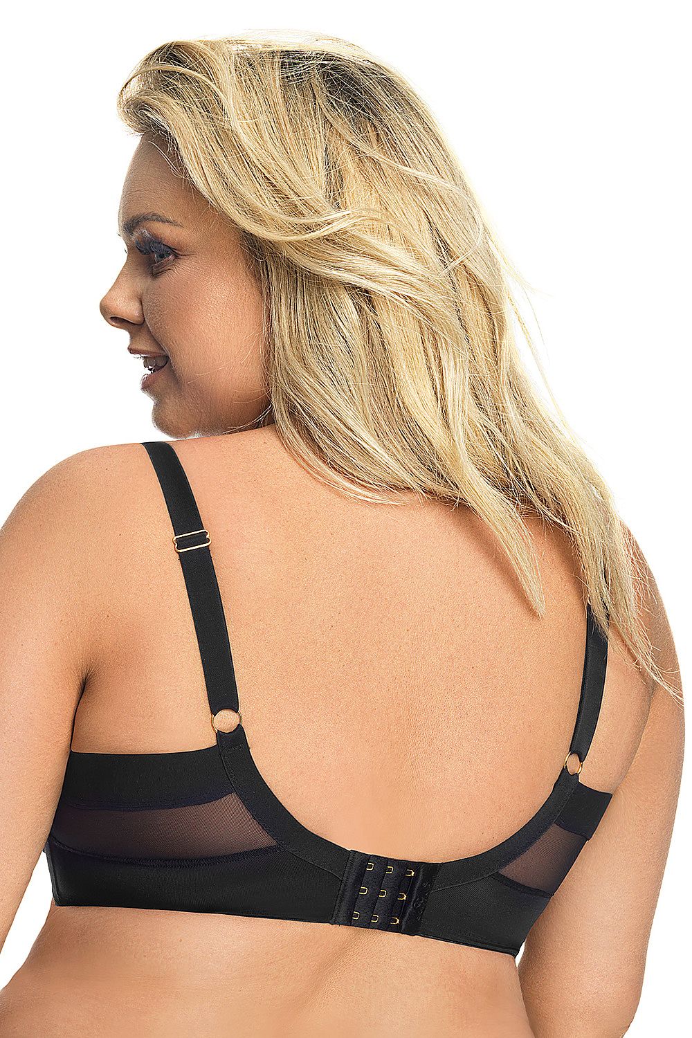“Gorsenia black bra with soft underwire cups and golden V-insert”