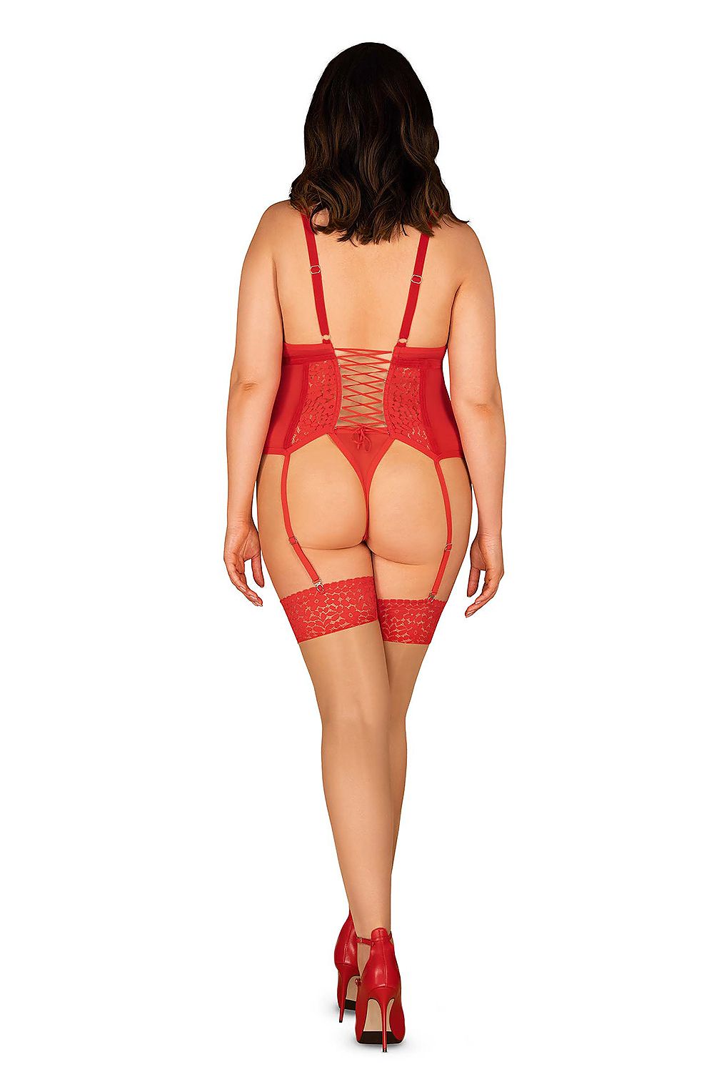 “Back view showing adjustable straps and sexy lace-up detail on corset”