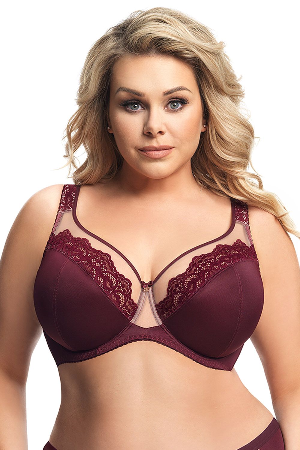 “Luisse K441 bra in burgundy with soft underwire cups and delicate lace”