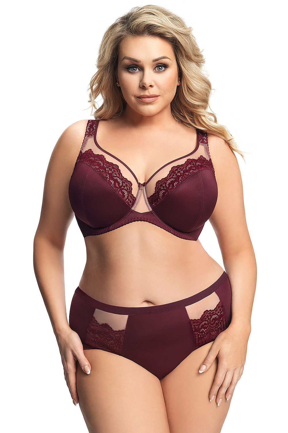 “Front view of Luisse K441 bra showing tulle cups and extended straps”