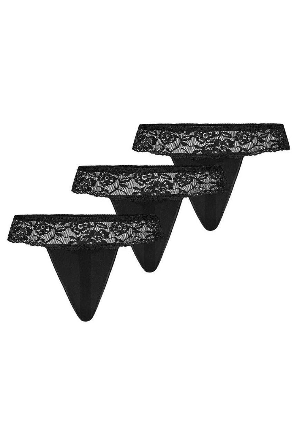 Plus size black lace thongs 3-pack L–6XL – front view with triangle mesh detail.
