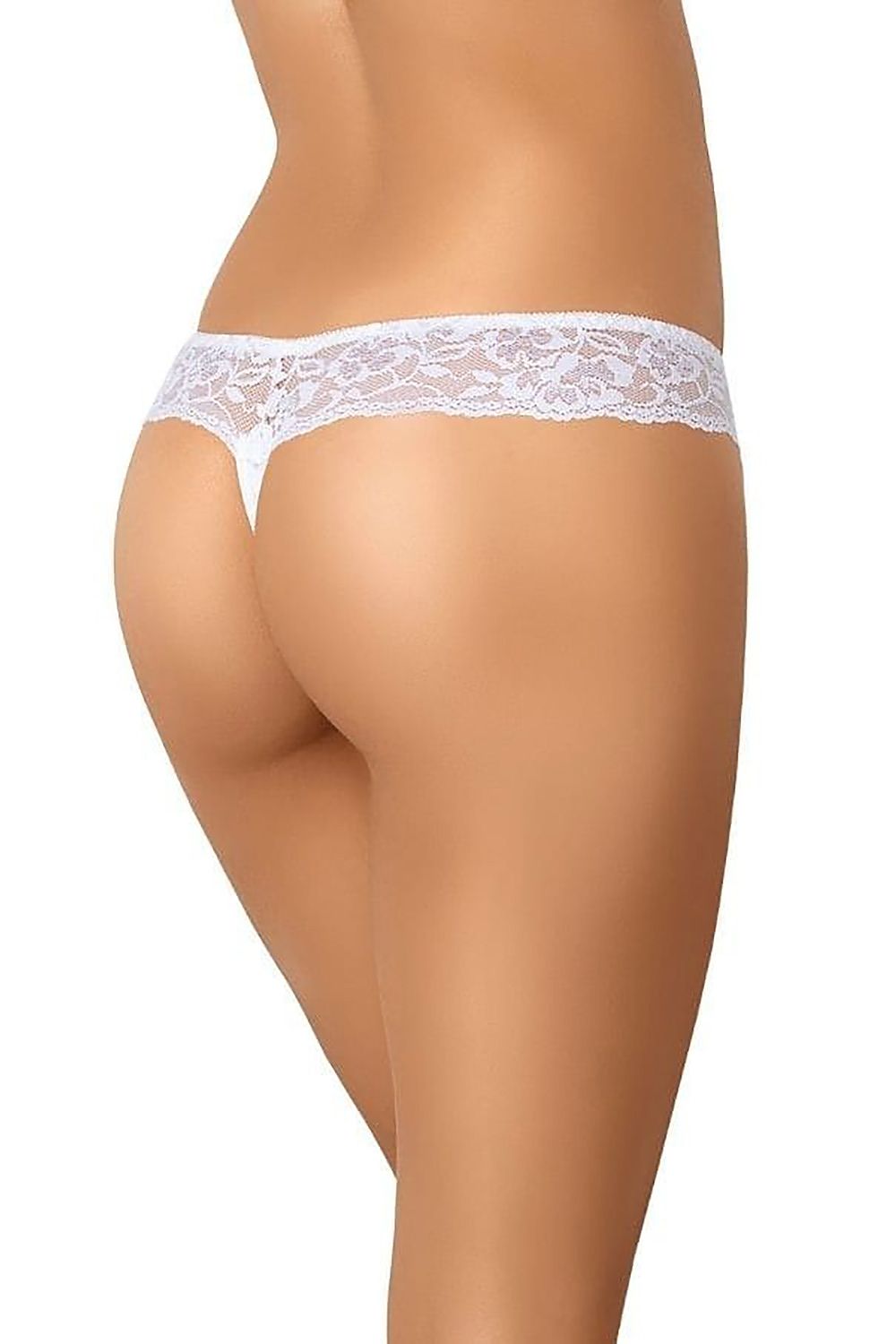 Comfortable plus size white lace thongs – side view highlighting hip-flattering fit.