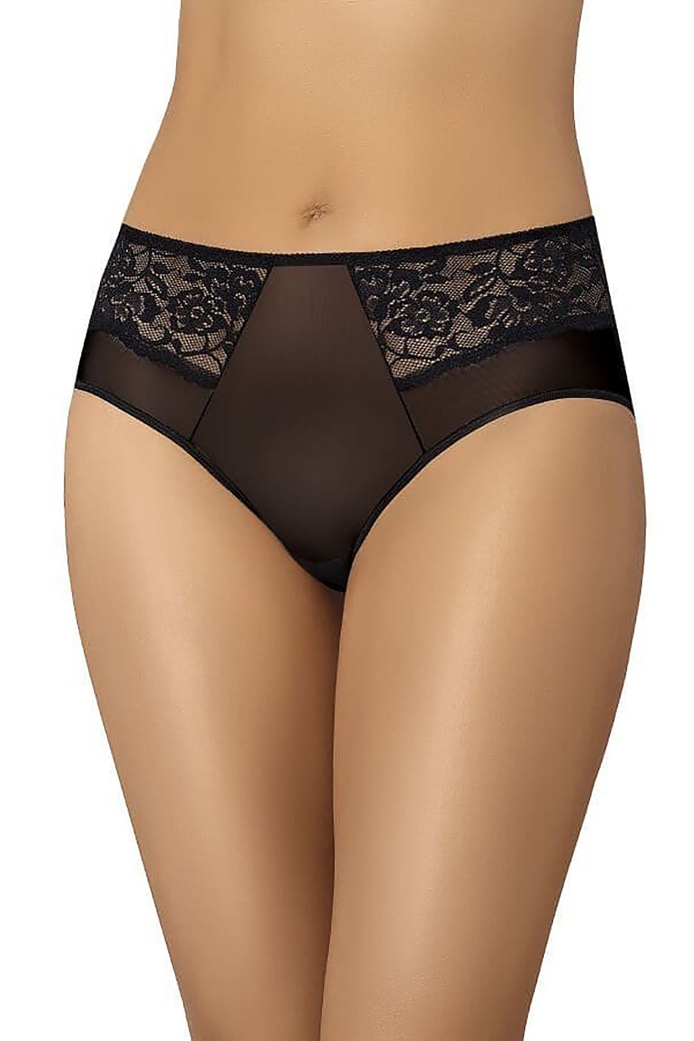 Black high-waisted mesh panties – side view highlighting built-up back and elastic waistband.