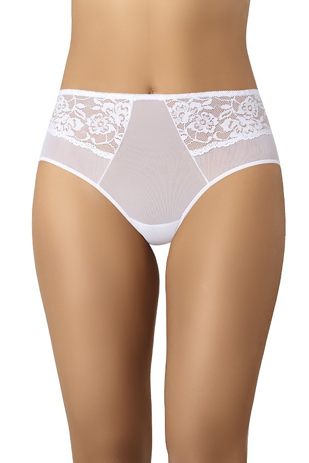 White high-waisted mesh panties – side view highlighting built-up back and elastic waistband.
