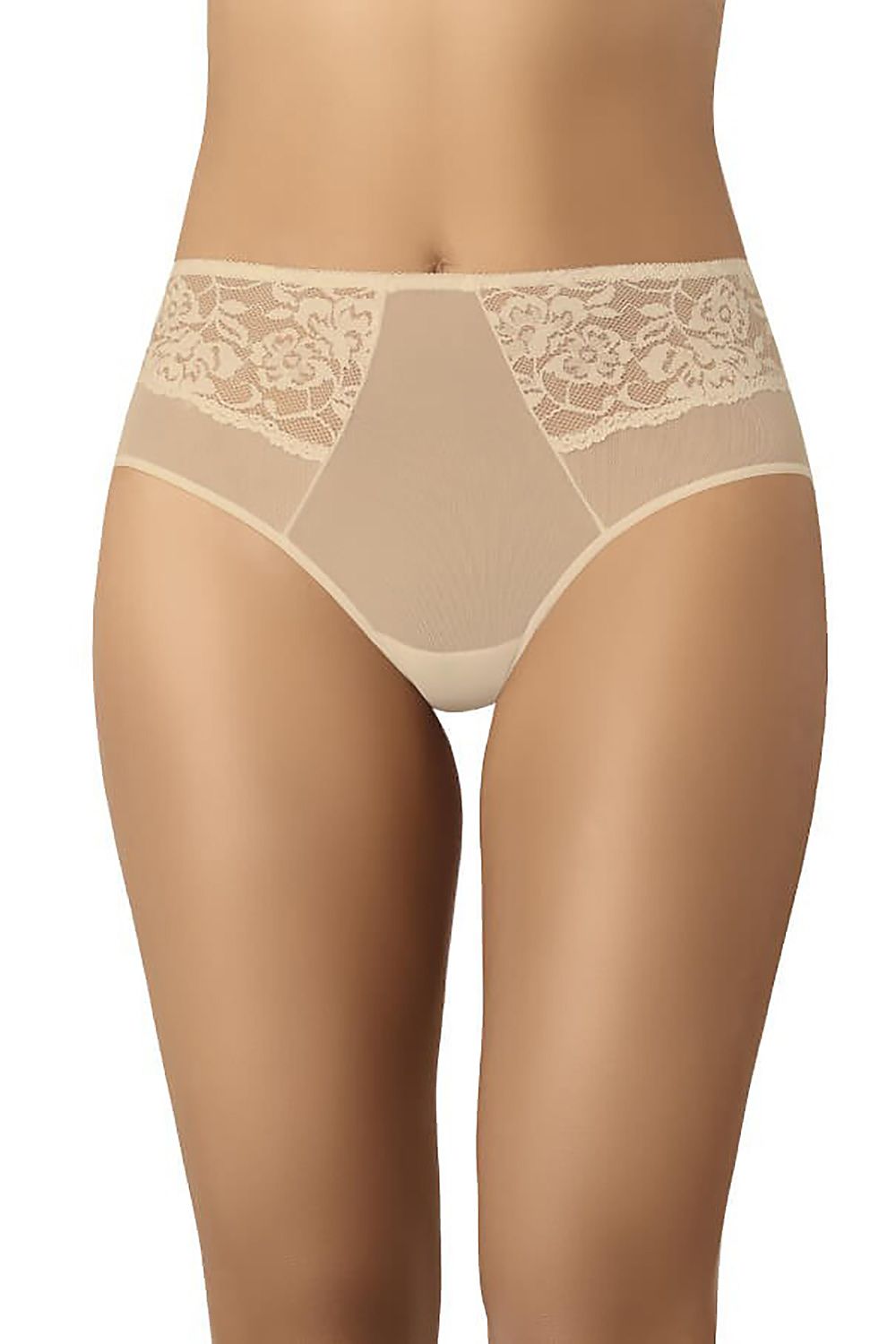 Beige high-waisted mesh panties – side view highlighting elastic waistband and breathable fabric.