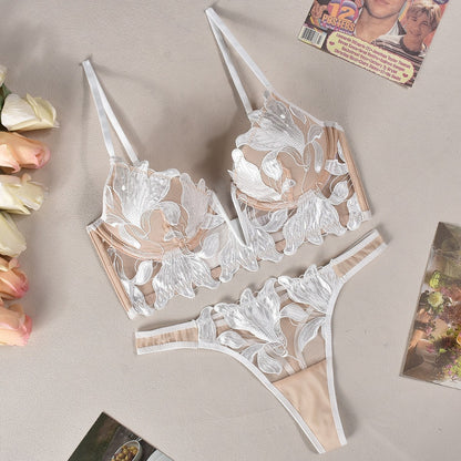 Plus size woman wearing ultra-thin deep V lace lingerie front view