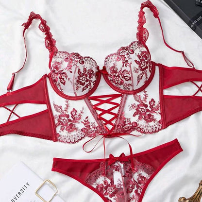 Sexy Mesh Embroidered Floral Cross-Tie Lingerie Set for Curvy Women