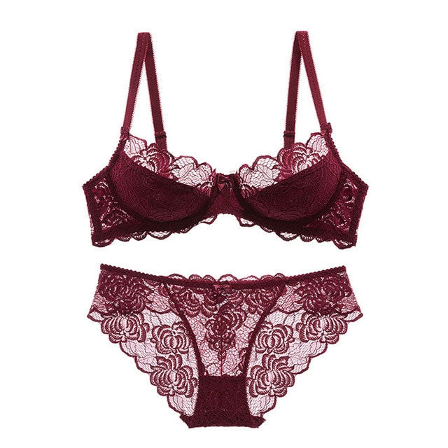 “Close-up of lace embroidery and transparent cups lingerie set”