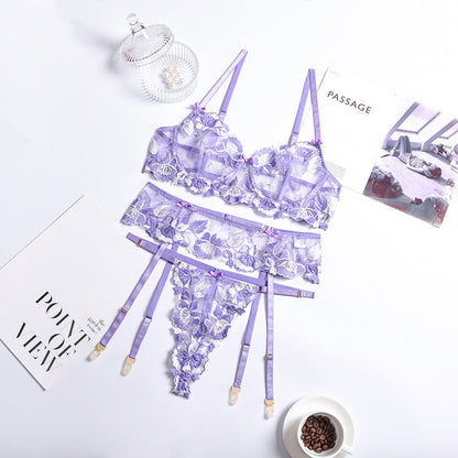 Sexy Floral Lace Lingerie Set – Hollow-Out Three-Point Garter Three-Piece Suit for Women
