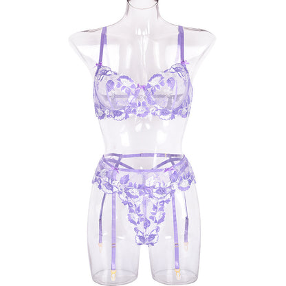 Sexy Floral Lace Lingerie Set – Hollow-Out Three-Point Garter Three-Piece Suit for Women
