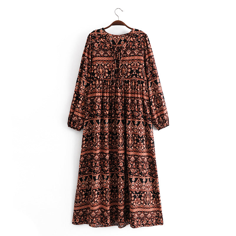 Bohemian Vacation Positioning Printing Loose Big Hem Long Sleeve Dress Long