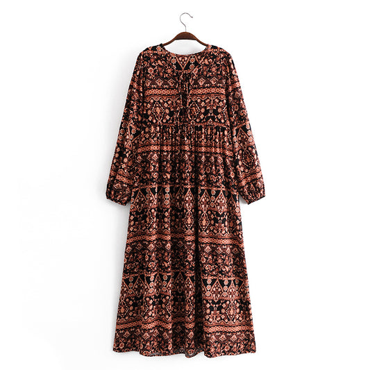 Bohemian Vacation Positioning Printing Loose Big Hem Long Sleeve Dress Long
