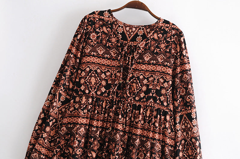 Bohemian Vacation Positioning Printing Loose Big Hem Long Sleeve Dress Long