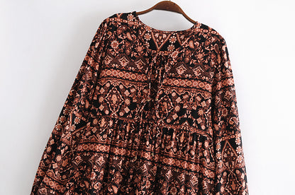 Bohemian Vacation Positioning Printing Loose Big Hem Long Sleeve Dress Long
