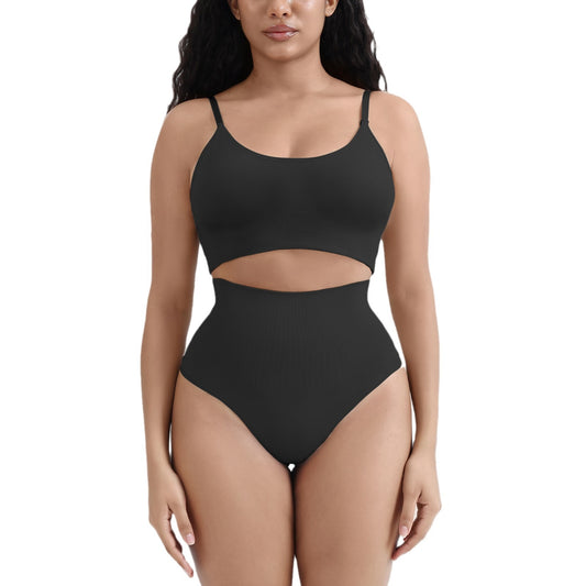 Plus size woman wearing thong belly control underwear set with bra