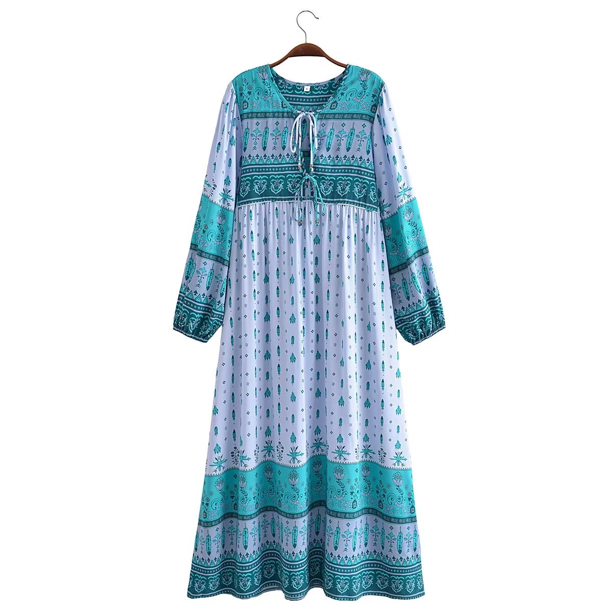 Spring Women Bohemian Printed Dress Long Sleeve V neck