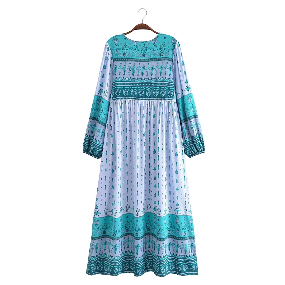Spring Women Bohemian Printed Dress Long Sleeve V neck