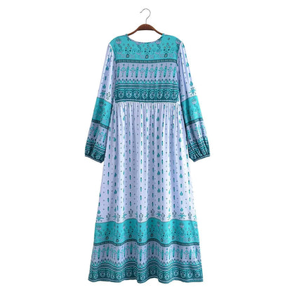 Spring Women Bohemian Printed Dress Long Sleeve V neck