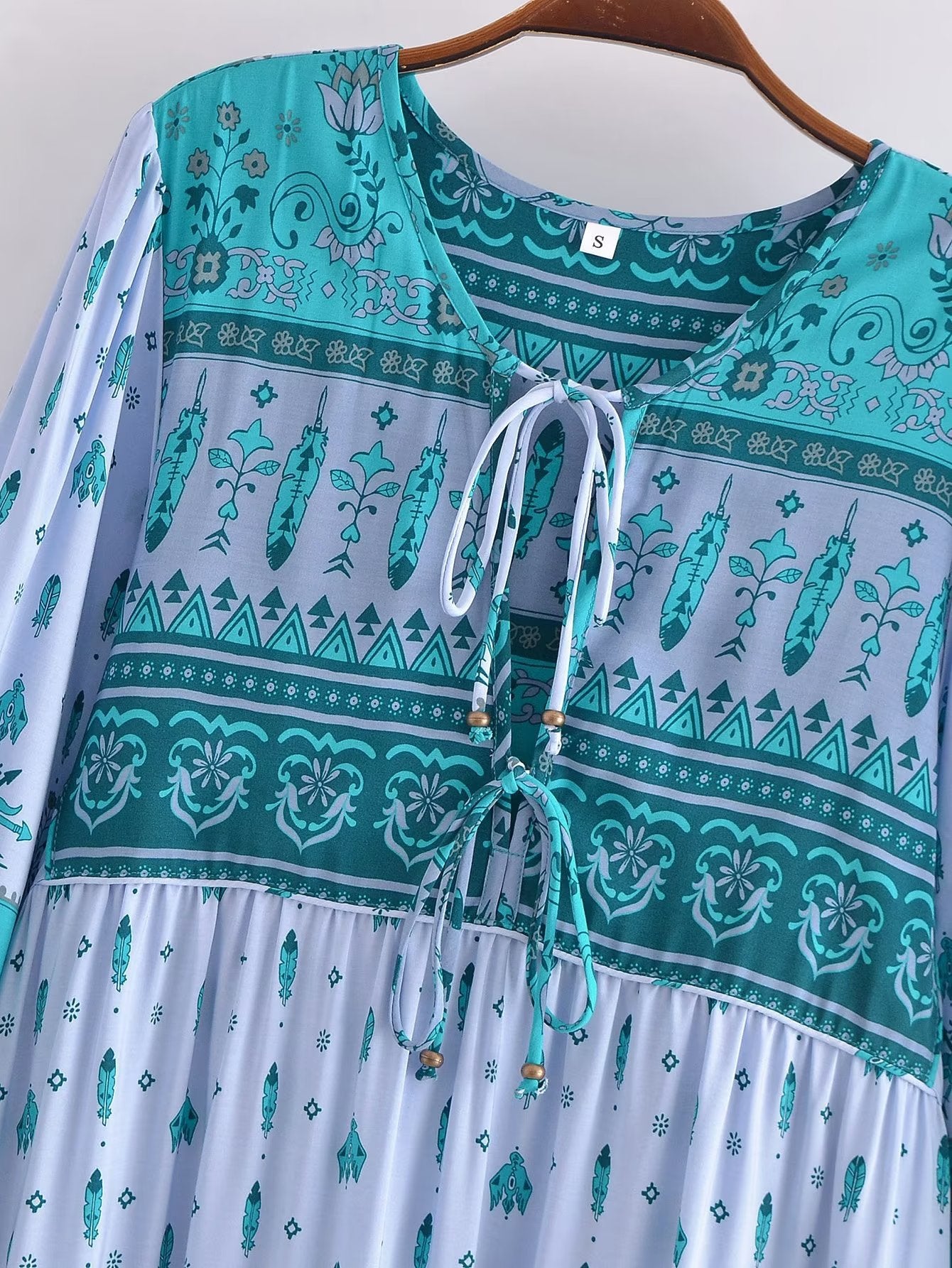 Spring Women Bohemian Printed Dress Long Sleeve V neck