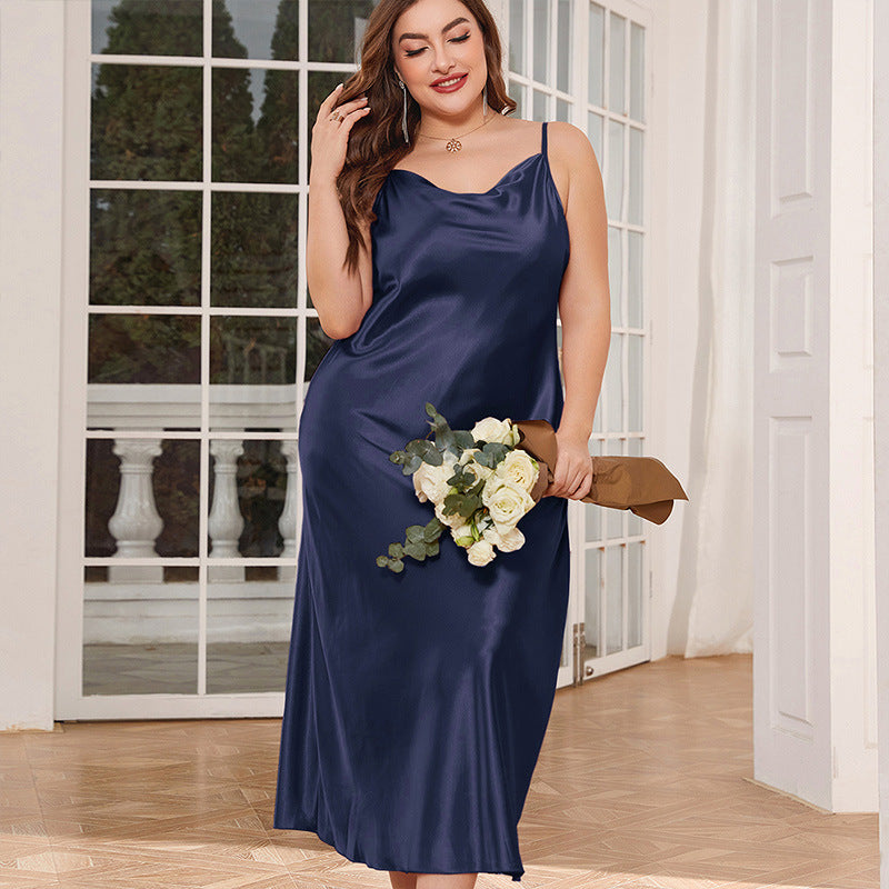 Plus Size Satin Sling Nightdress – Fashionable, Breathable, Long Sleepwear for Women