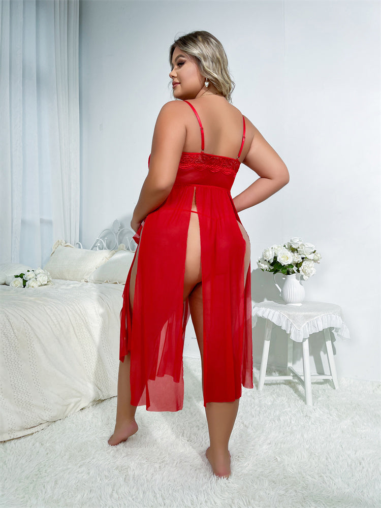 Woman wearing a red satin nightgown in a bedroom setting.