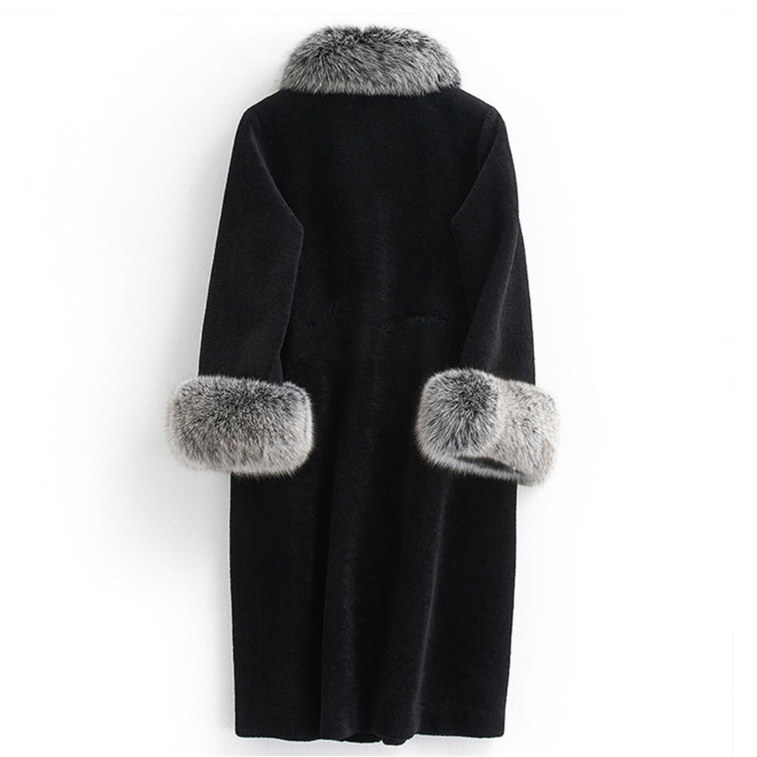 Black coat with fur accents on a white background