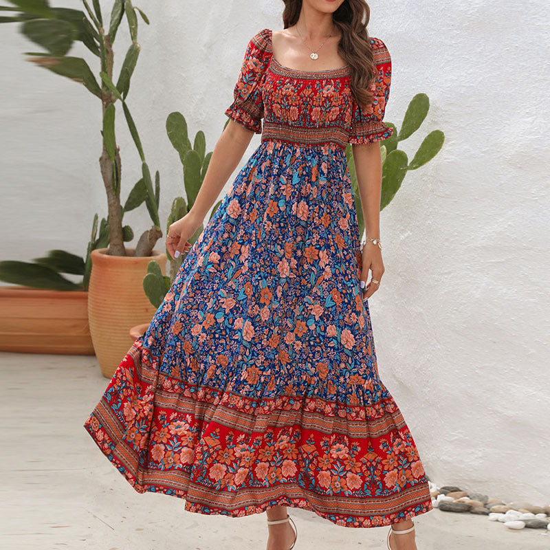 Bohemian Beach Holiday Dress off Shoulder Puff Sleeve Retro Comfort Dress