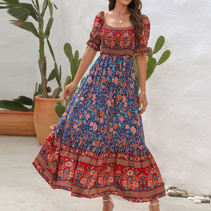 Bohemian Beach Holiday Dress off Shoulder Puff Sleeve Retro Comfort Dress