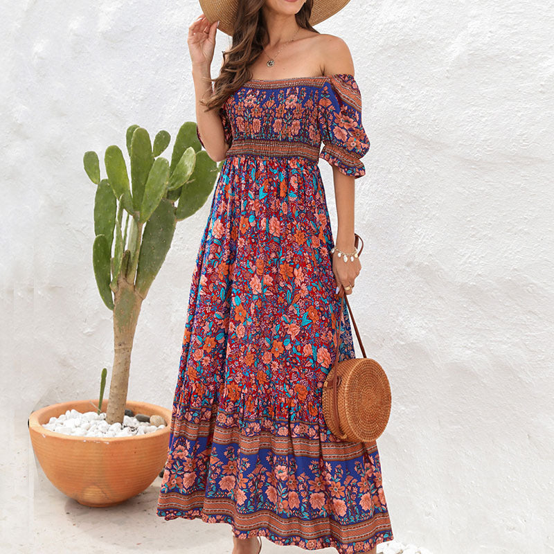 Bohemian Beach Holiday Dress off Shoulder Puff Sleeve Retro Comfort Dress