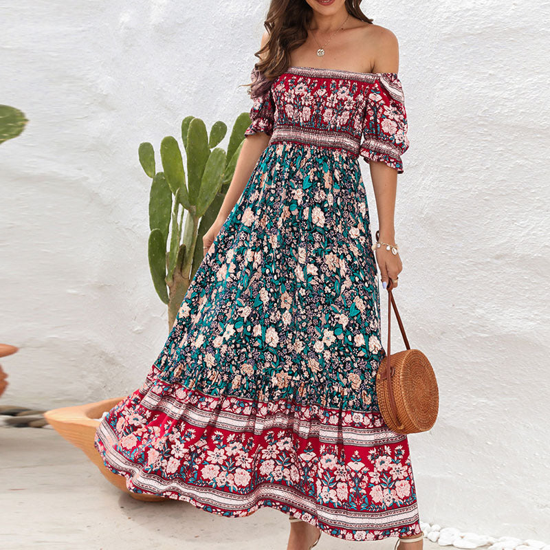 Bohemian Beach Holiday Dress off Shoulder Puff Sleeve Retro Comfort Dress