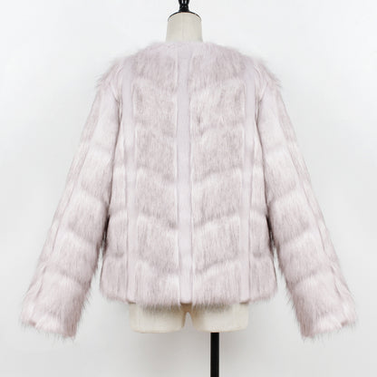 Pink faux fur jacket on a mannequin against a white background