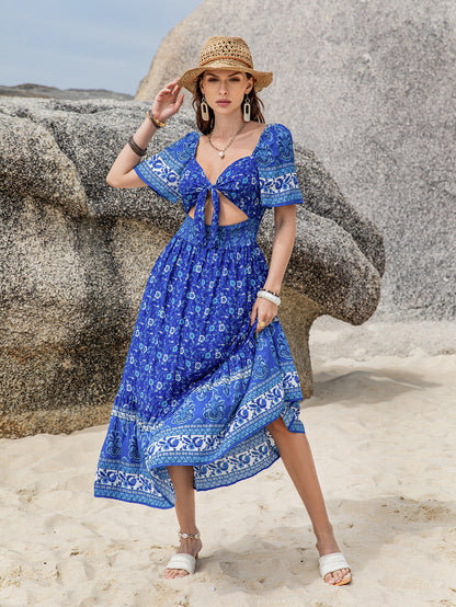 Bohemian Blue Laced Cropped Outfit Short Sleeve Dress Dress