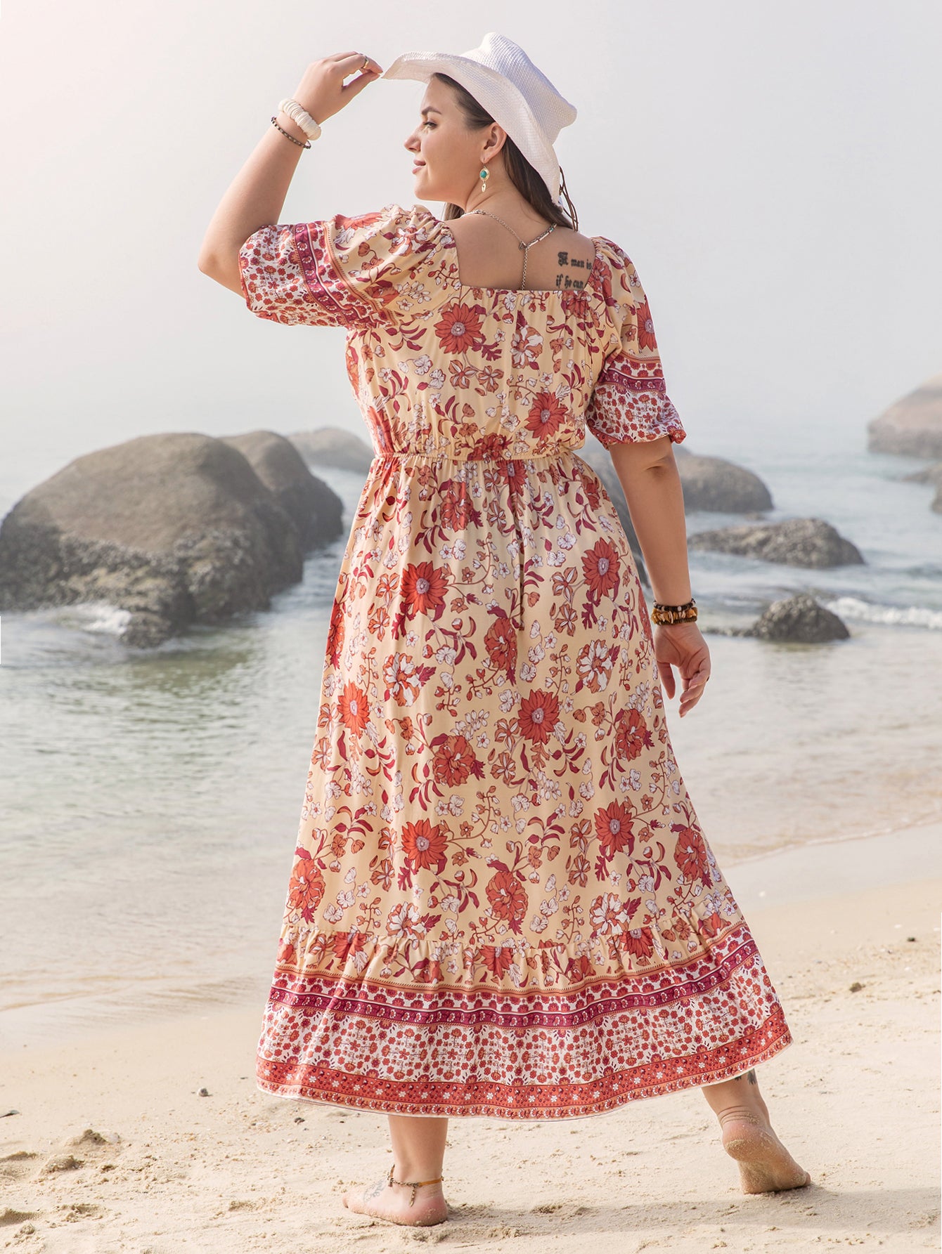 Plus Size Vacation Seaside Casual Floral Print off Shoulder Girdle Ladies Dress