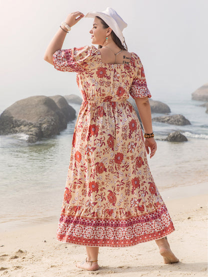 Plus Size Vacation Seaside Casual Floral Print off Shoulder Girdle Ladies Dress