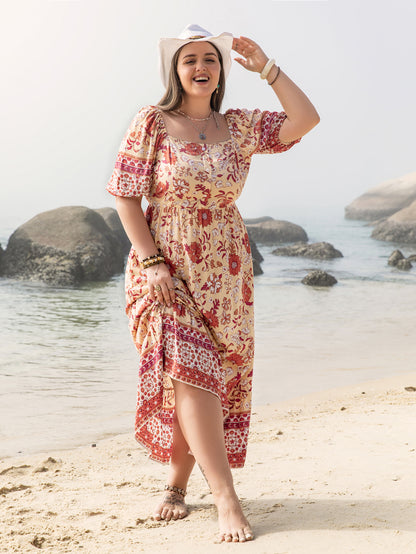 Plus Size Vacation Seaside Casual Floral Print off Shoulder Girdle Ladies Dress
