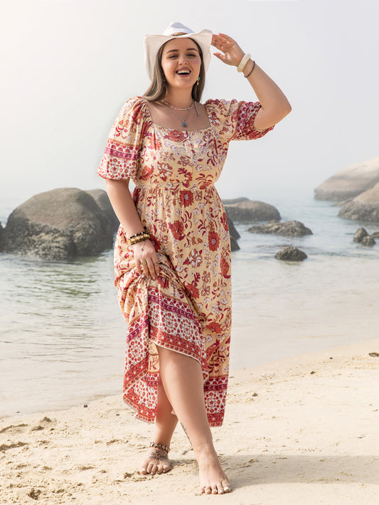 Plus Size Vacation Seaside Casual Floral Print off Shoulder Girdle Ladies Dress