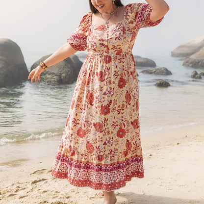 Plus Size Vacation Seaside Casual Floral Print off Shoulder Girdle Ladies Dress