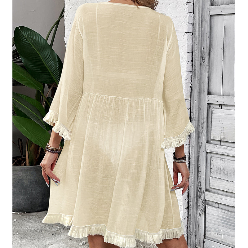 Women Clothing Holiday Neckline Lace Decorative Beach Blouse Holiday Sun Protection Loose Blouse Crochet hook