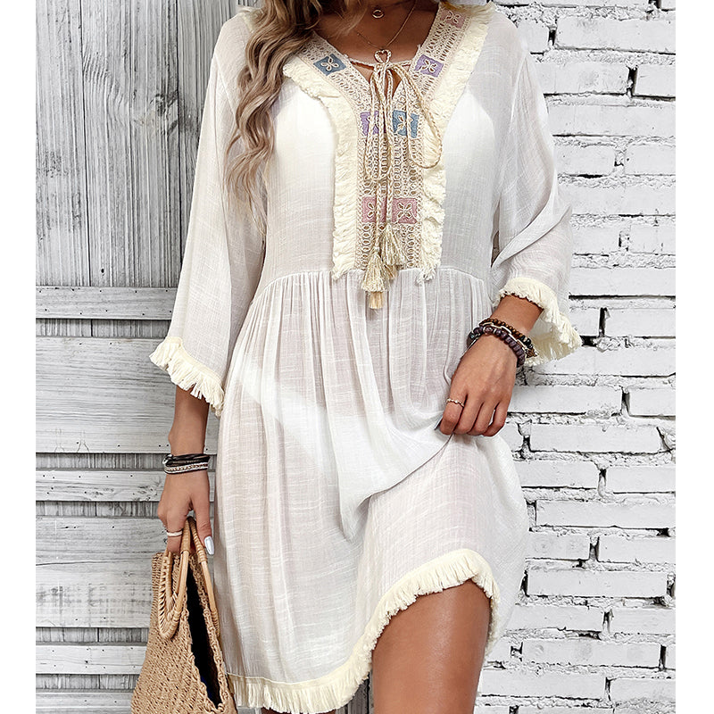 Women Clothing Holiday Neckline Lace Decorative Beach Blouse Holiday Sun Protection Loose Blouse Crochet hook