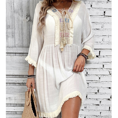 Women Clothing Holiday Neckline Lace Decorative Beach Blouse Holiday Sun Protection Loose Blouse Crochet hook