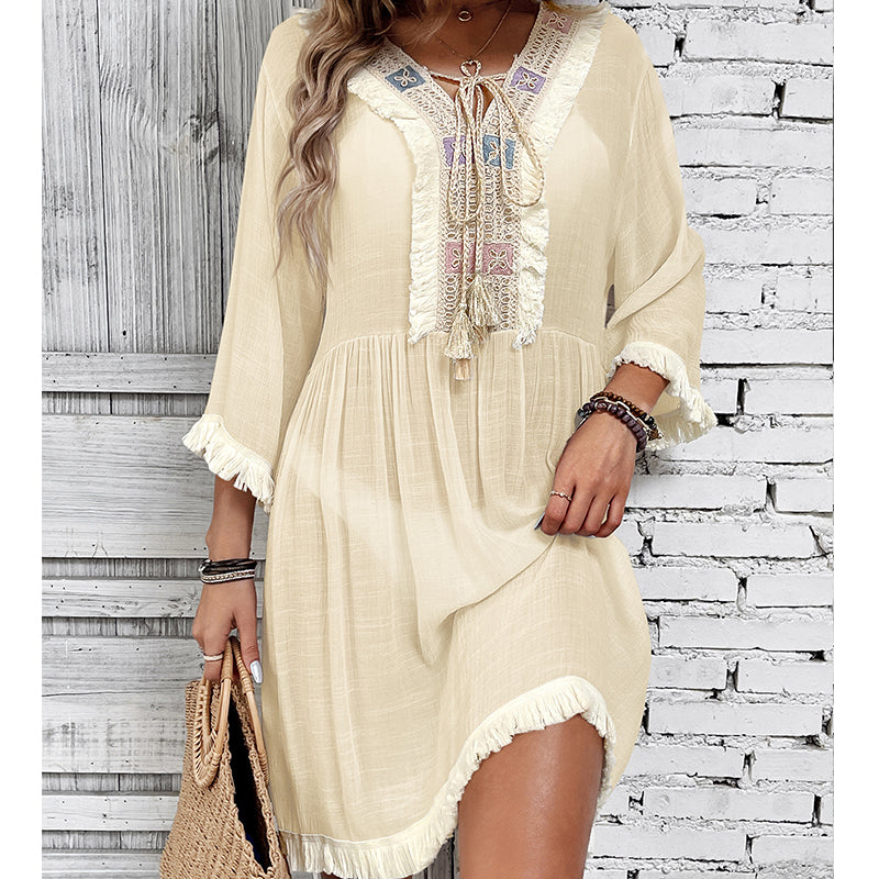 Women Clothing Holiday Neckline Lace Decorative Beach Blouse Holiday Sun Protection Loose Blouse Crochet hook