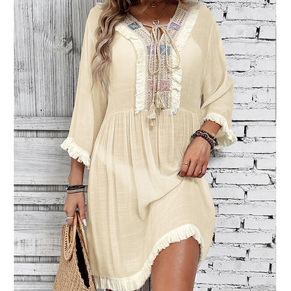 Women Clothing Holiday Neckline Lace Decorative Beach Blouse Holiday Sun Protection Loose Blouse Crochet hook